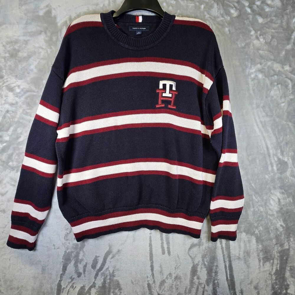 Tommy Hilfiger Heavy Cotton Crewneck Sweater Medium Navy Red Classic Preppy Y2K